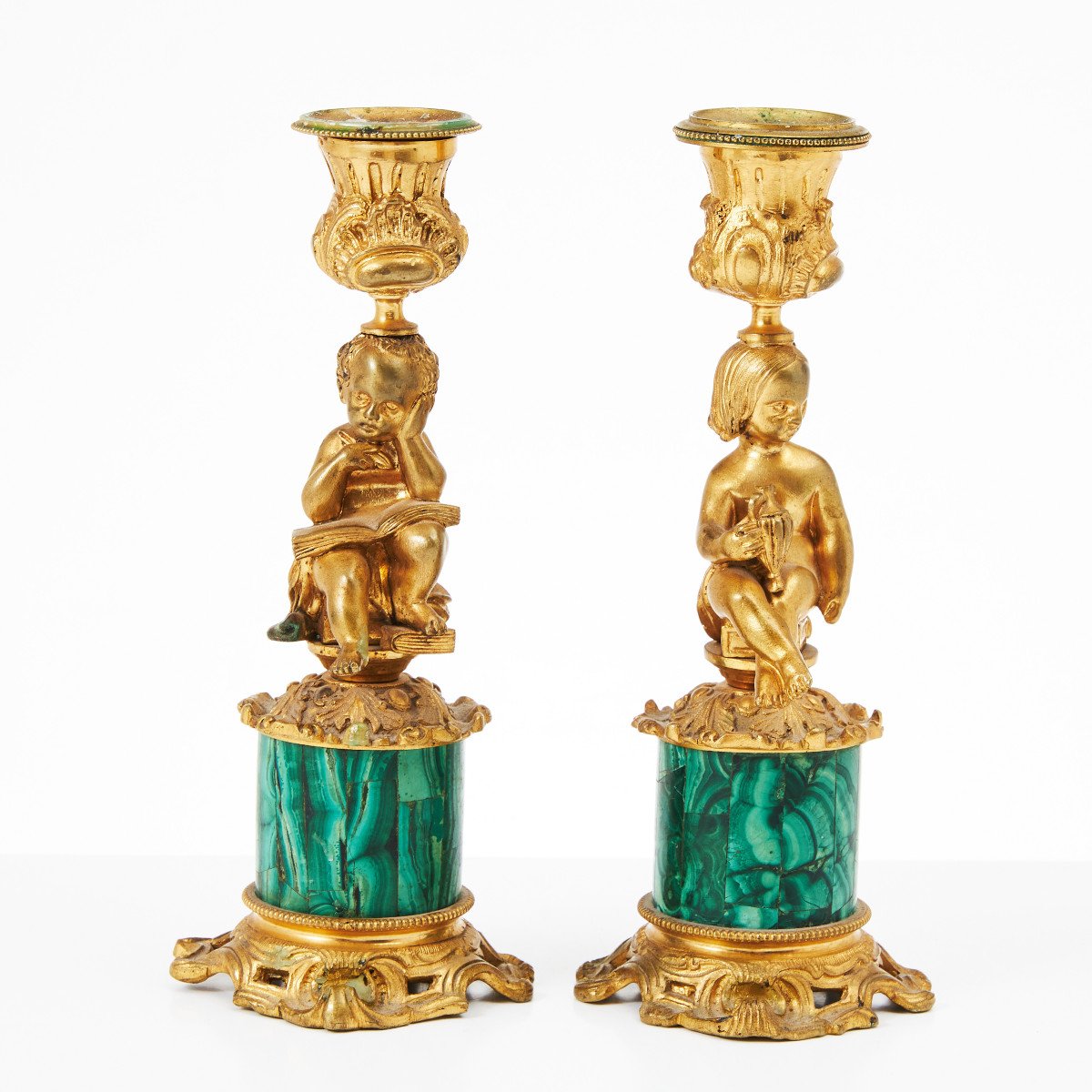 A Pair Of 19th Century Rocaille Style Malachite Candlesticks