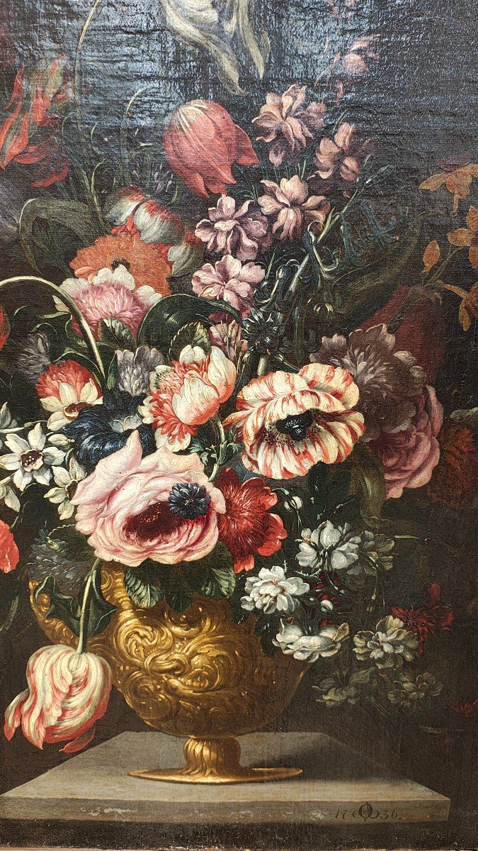 Maître Flamand Du XVIIIe Siècle, Nature Morte Florale, à Droite. En Bas Le Monogramme Ao Et La -photo-3