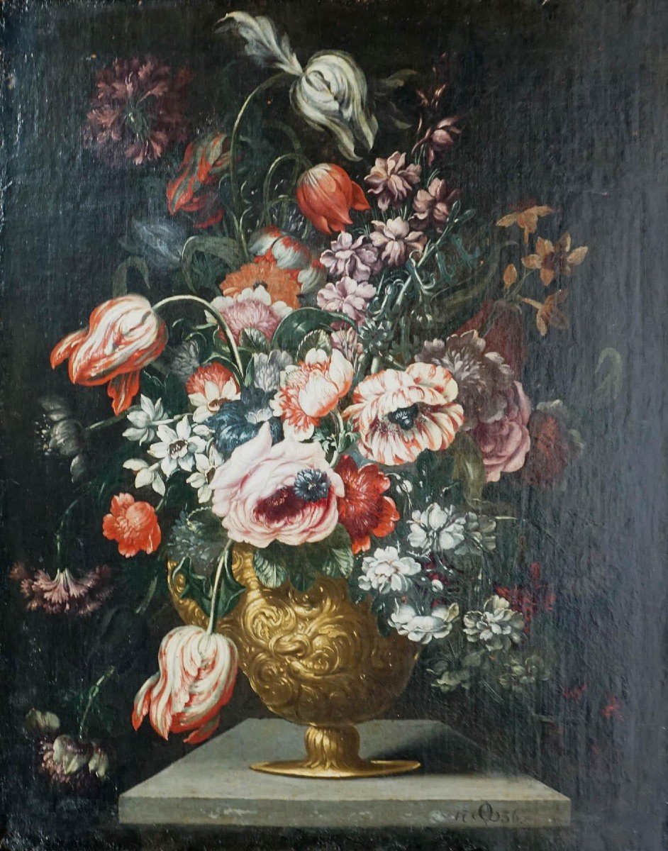 Maître Flamand Du XVIIIe Siècle, Nature Morte Florale, à Droite. En Bas Le Monogramme Ao Et La 