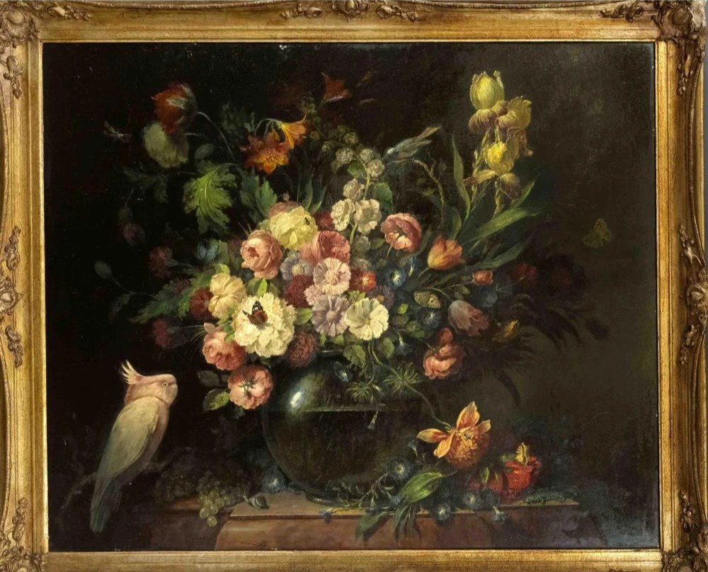 Bouquet Of Flowers With Cockatoo Karl Heinrich Kupper Born In 1864