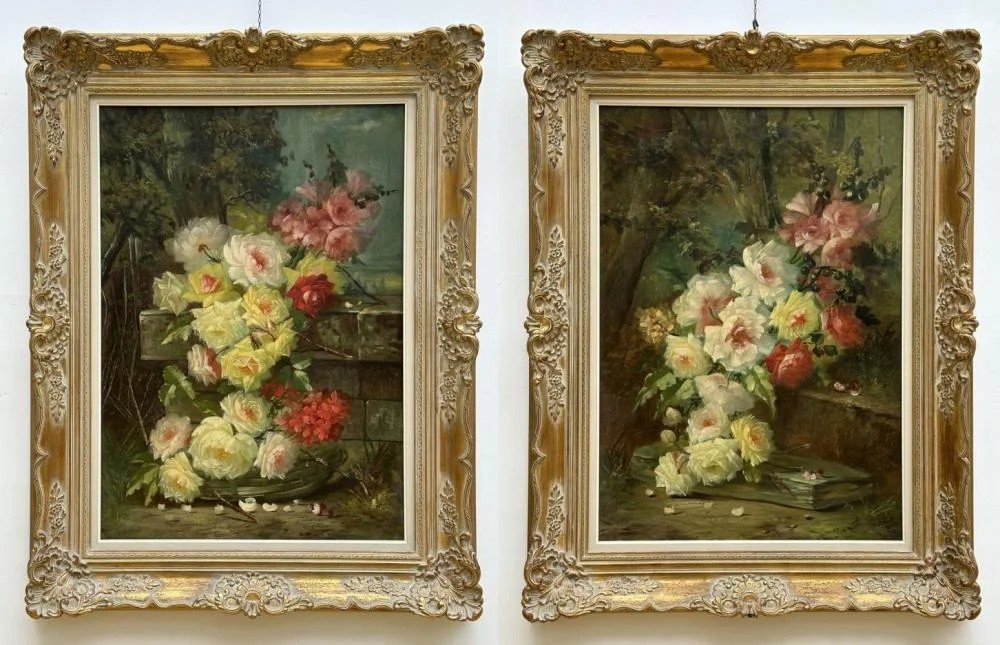 Max Carlier : Une Paire De Tableaux "nature Morte Aux Fleurs" Immense, Environ 140 Cm, étonnant