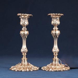 A Pair Of 19th Century Rocaille Style Candlesticks, Multiple Hallmarks