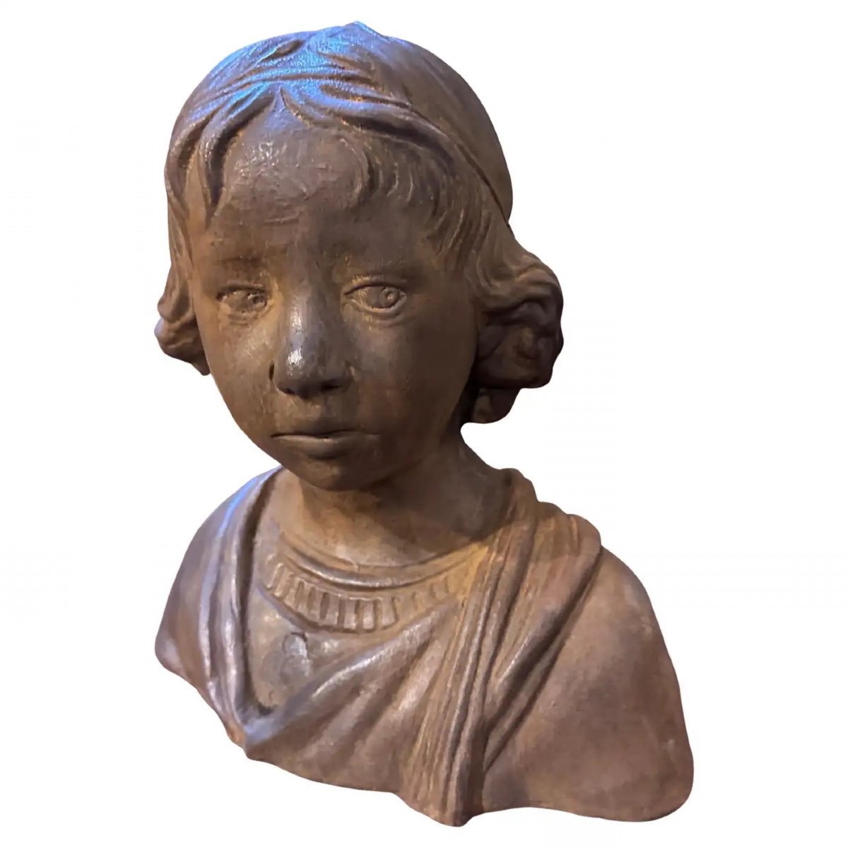 1930s Hand-crafted Terracotta Sicilian Bust Of A Young Girl-photo-2