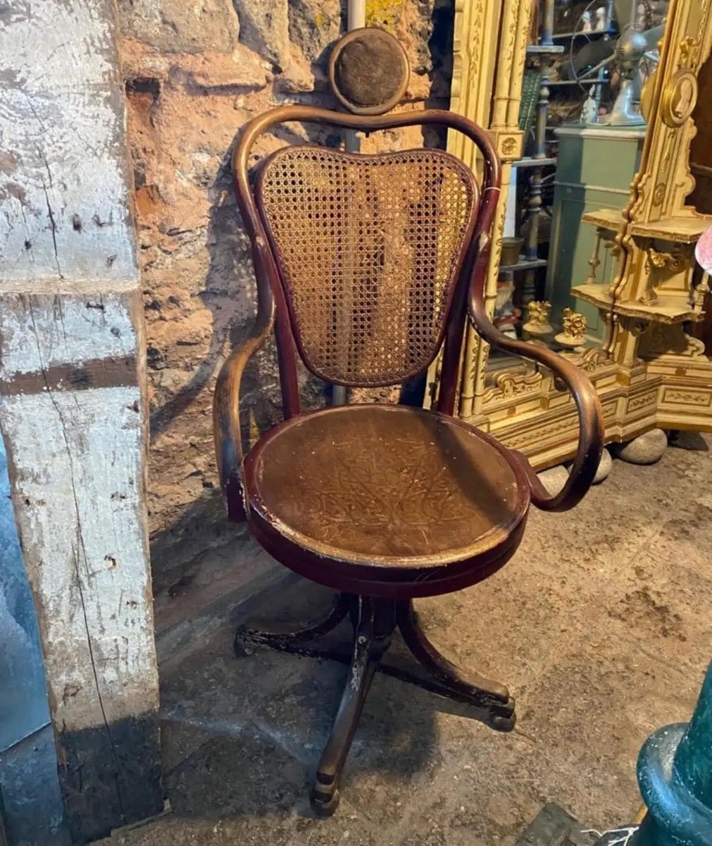 Early 20th Century Art Nouveau Wood And Wicker Tonet Italian Swivel Barber Chair-photo-5