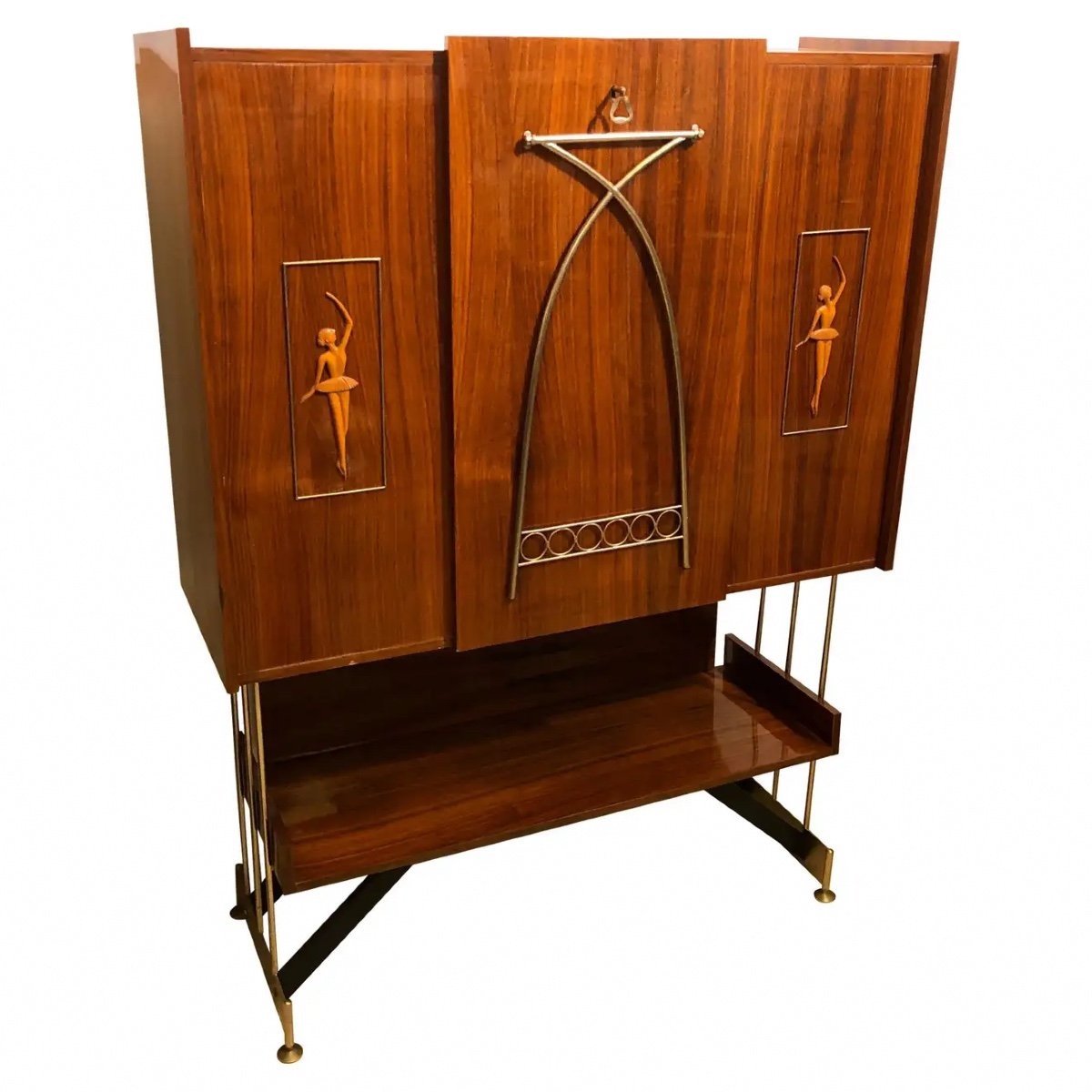 1950s Gio Ponti Style Mid-century Modern Wood And Lacquer Openable Bar Cabinet