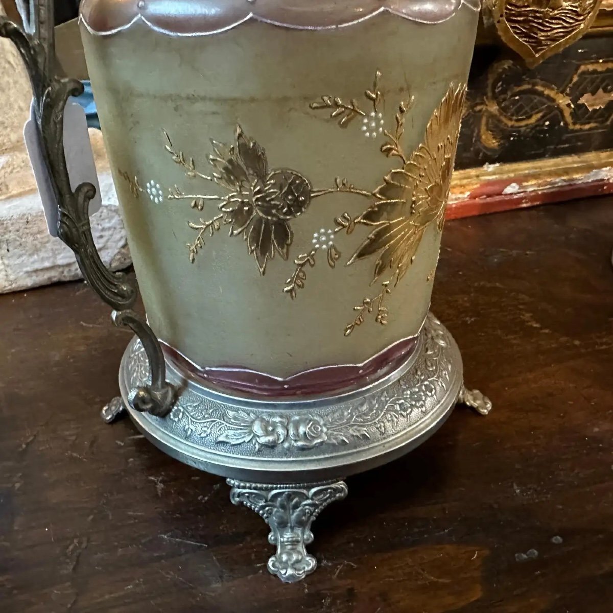 Boîte à Biscuits Français Art Nouveau En Métal Et Verre D’art Des Années 1900-photo-4