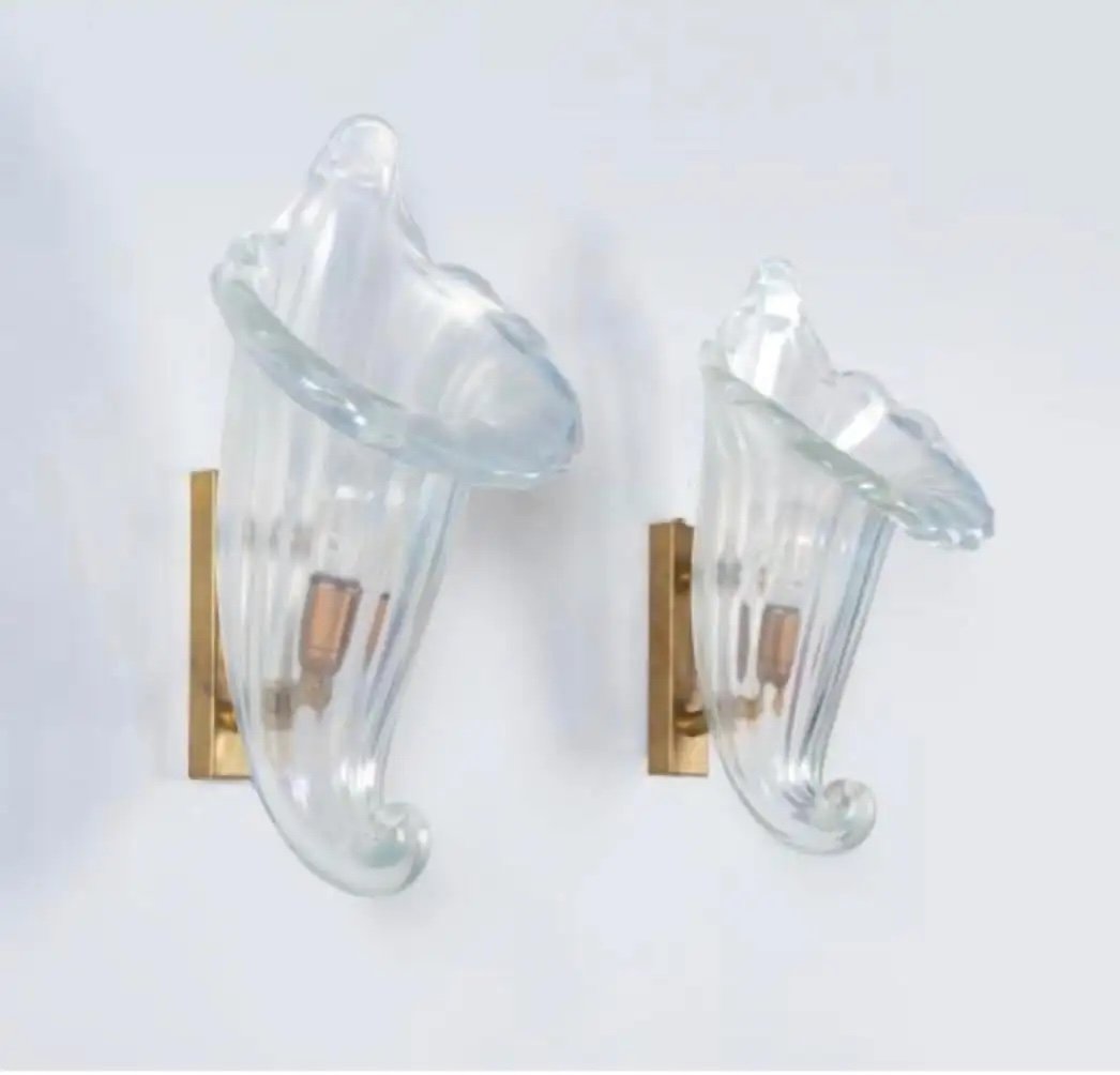 Two 1940s Archimede Seguso Opalescent Murano Glass Big Cornucopia Wall Sconces-photo-8