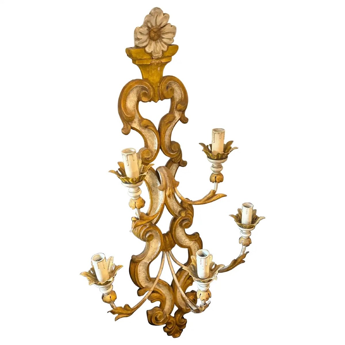 1970s Baroque Style Lacquered Wood And Iron Florentine Big Wall Sconces