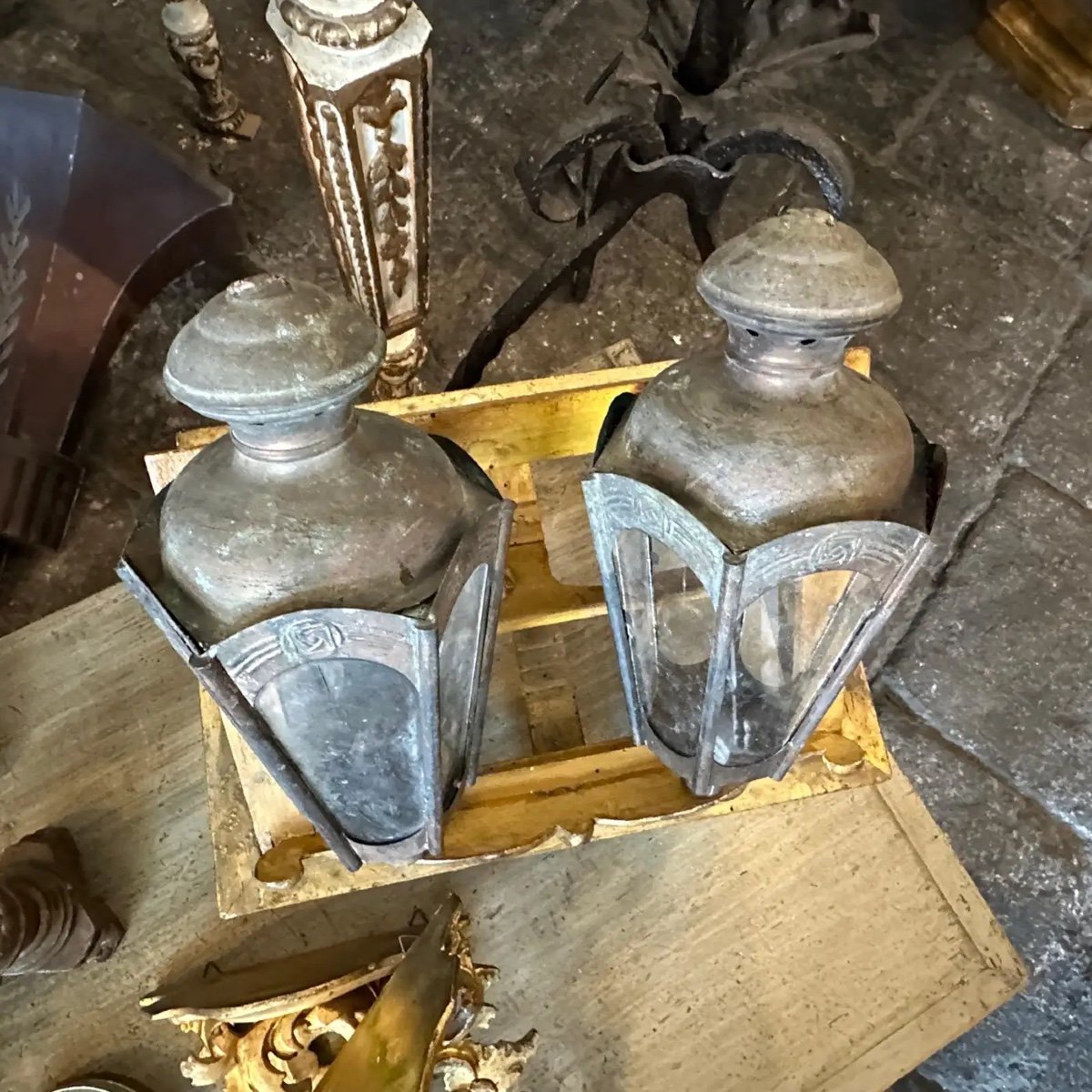 Two 1900s Art Nouveau Copper Italian Procession Candle Lamps-photo-4