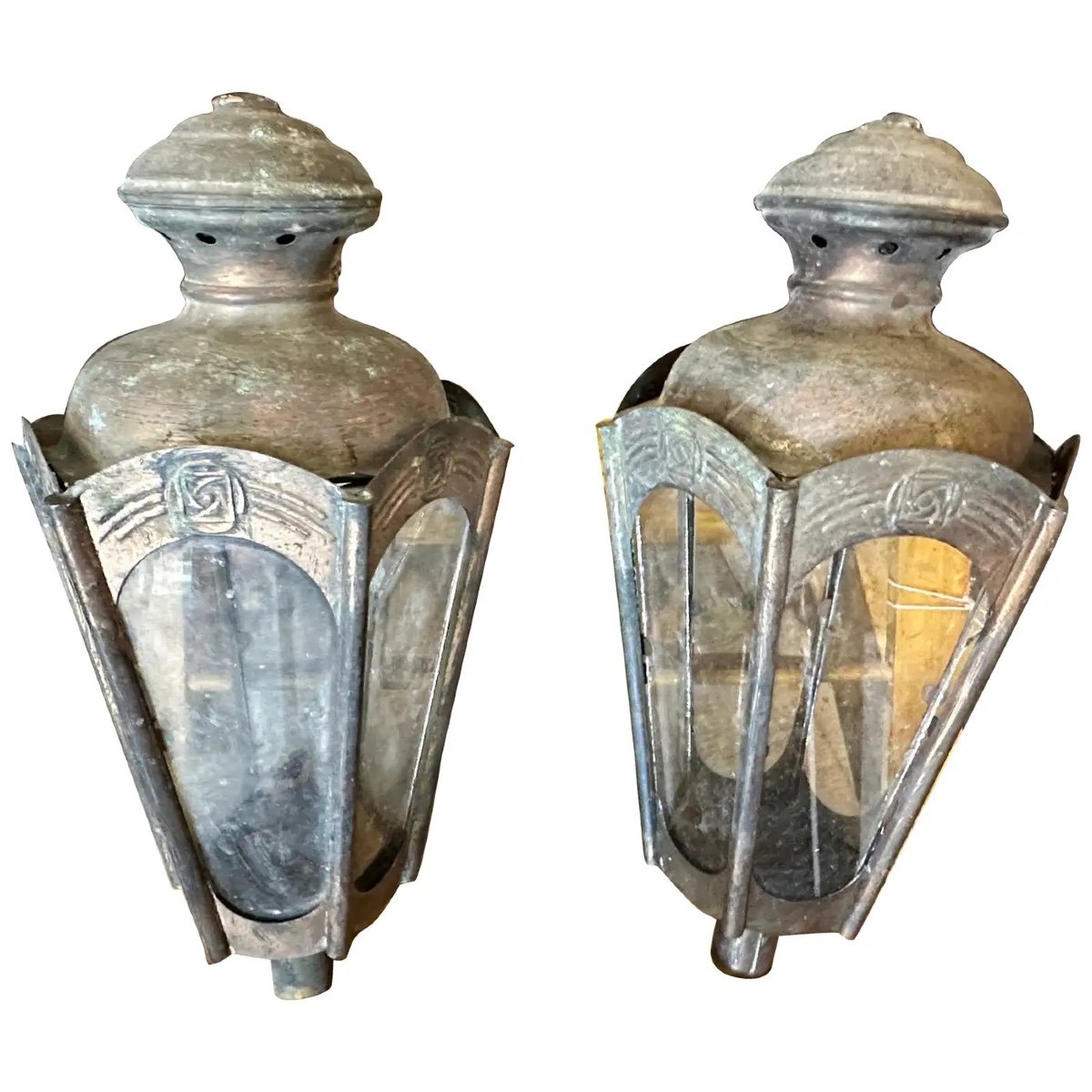 Two 1900s Art Nouveau Copper Italian Procession Candle Lamps