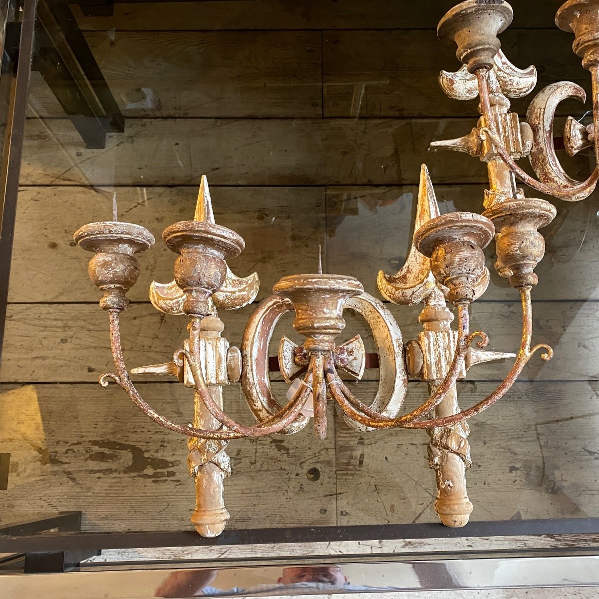 Candélabres Muraux Toscans En Bois Sculpté à La Main De La Fin Du XIXe Siècle - Ensemble De 2-photo-7