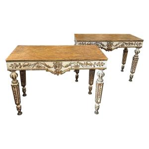 A Pair Of Louis XVI Ivory Lacquered And Gilded Wood Italian Consoles