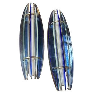 Two 1971 Space Age Blue And Clear Glass Big Wall Sconces By Metalvetro Siena