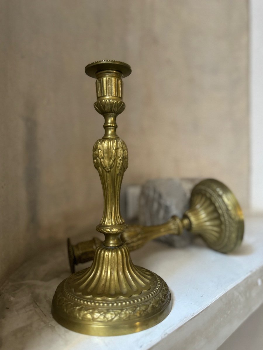 Pair Of Louis XVI Period Chiseled And Gilded Bronze Candlesticks Circa 1780-photo-2