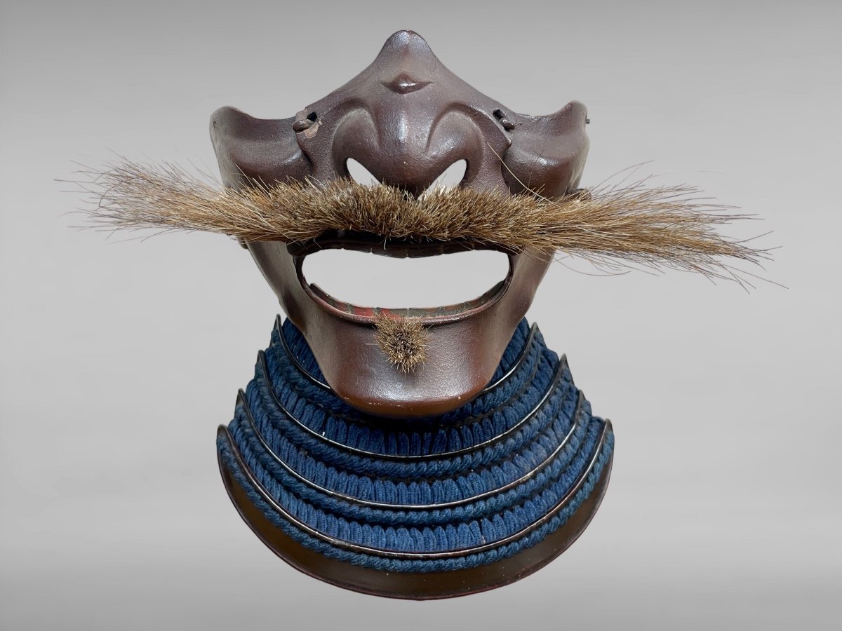 Demi Masque De Samuraï Mempo En Fer Laqué - Période Edo (1603 - 1868). -photo-3