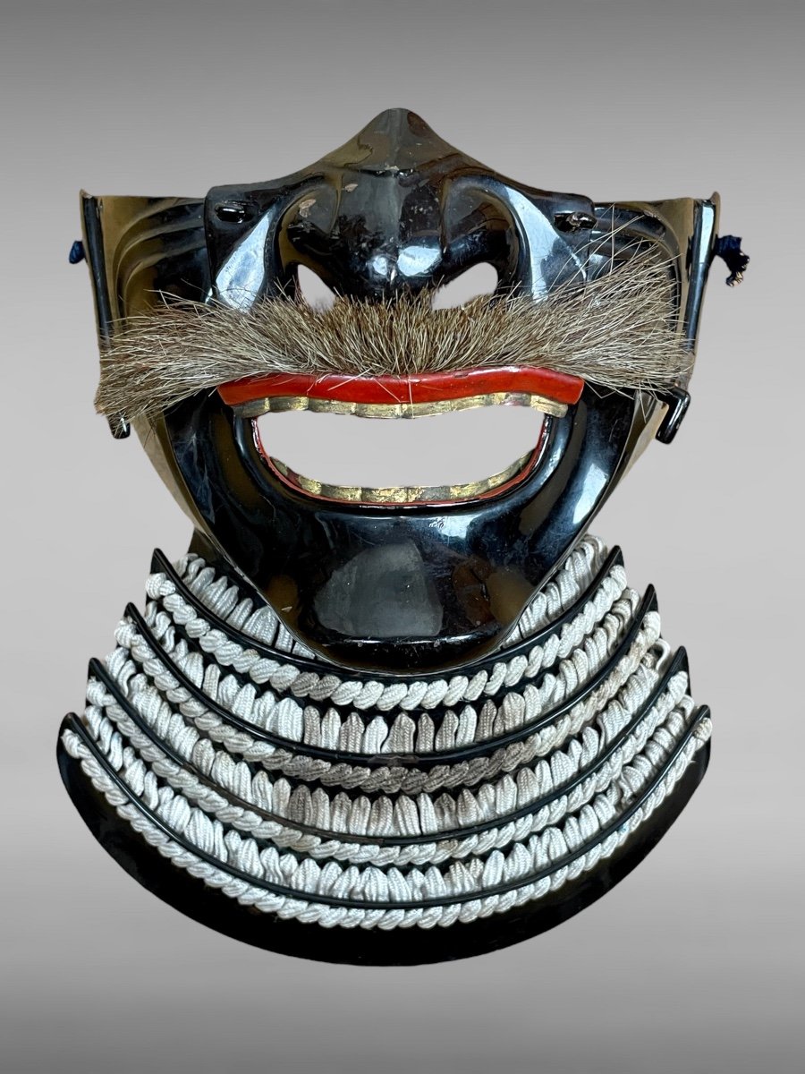 Demi Masque De Samuraï Mempo En Fer Laqué - Période Edo (1603 - 1868).-photo-3