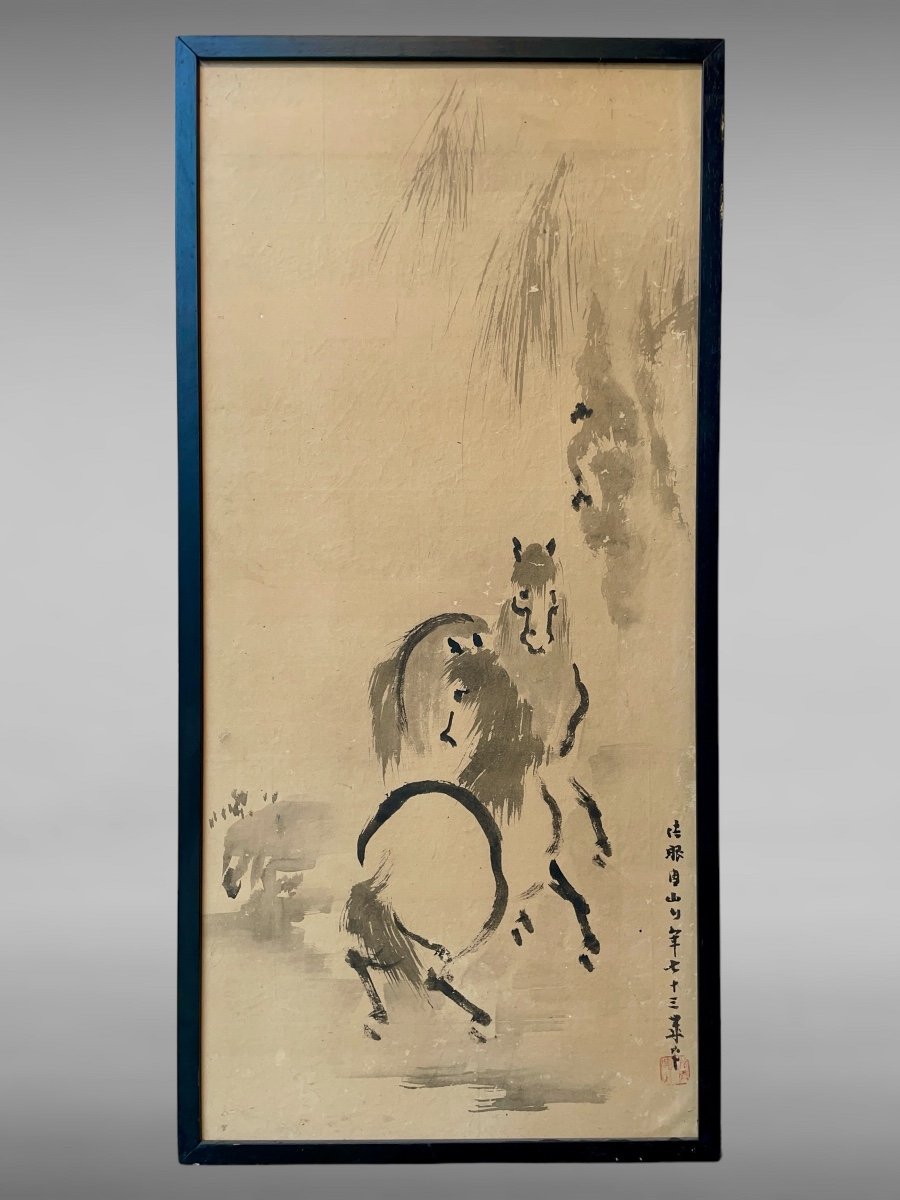 Pair Of Framed Kakemonos Depicting Horses - Meiji Period (1868 - 1912).-photo-2