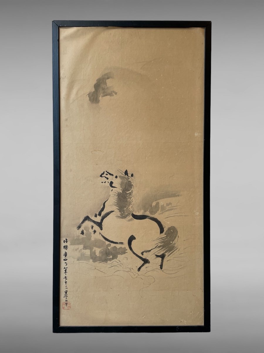 Pair Of Framed Kakemonos Depicting Horses - Meiji Period (1868 - 1912).-photo-3