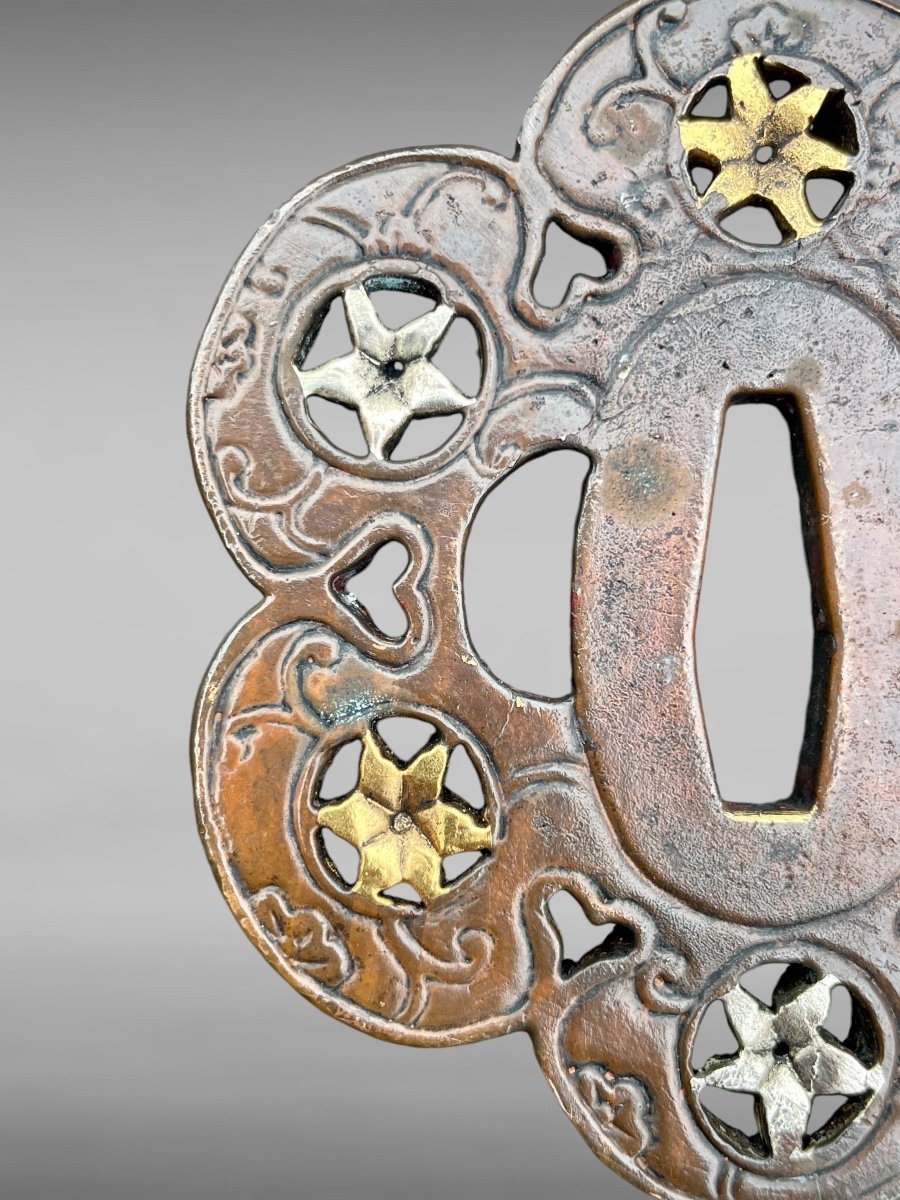 Tsuba Polylobées à Double Patine, Signée umetada saku- Période Edo (1603-1868).-photo-3