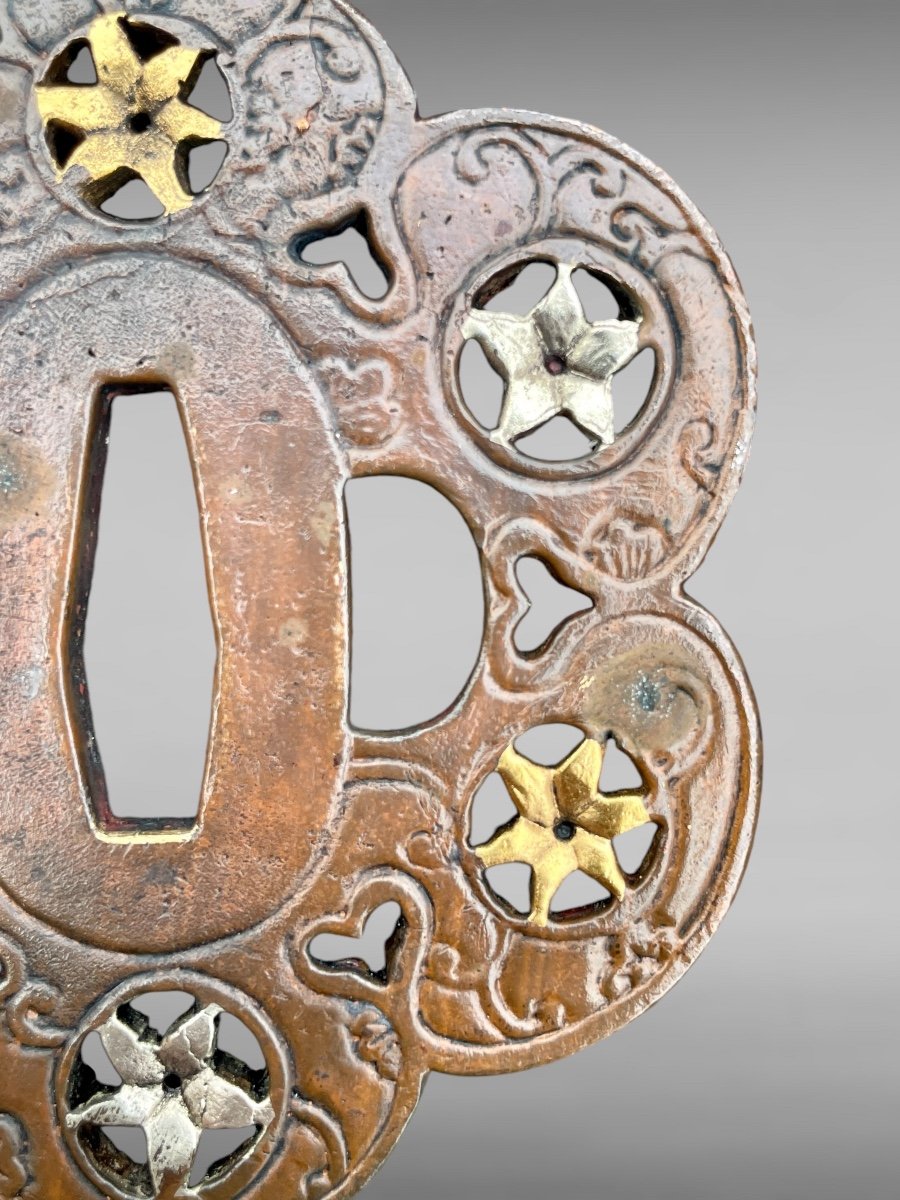 Tsuba Polylobées à Double Patine, Signée umetada saku- Période Edo (1603-1868).-photo-4