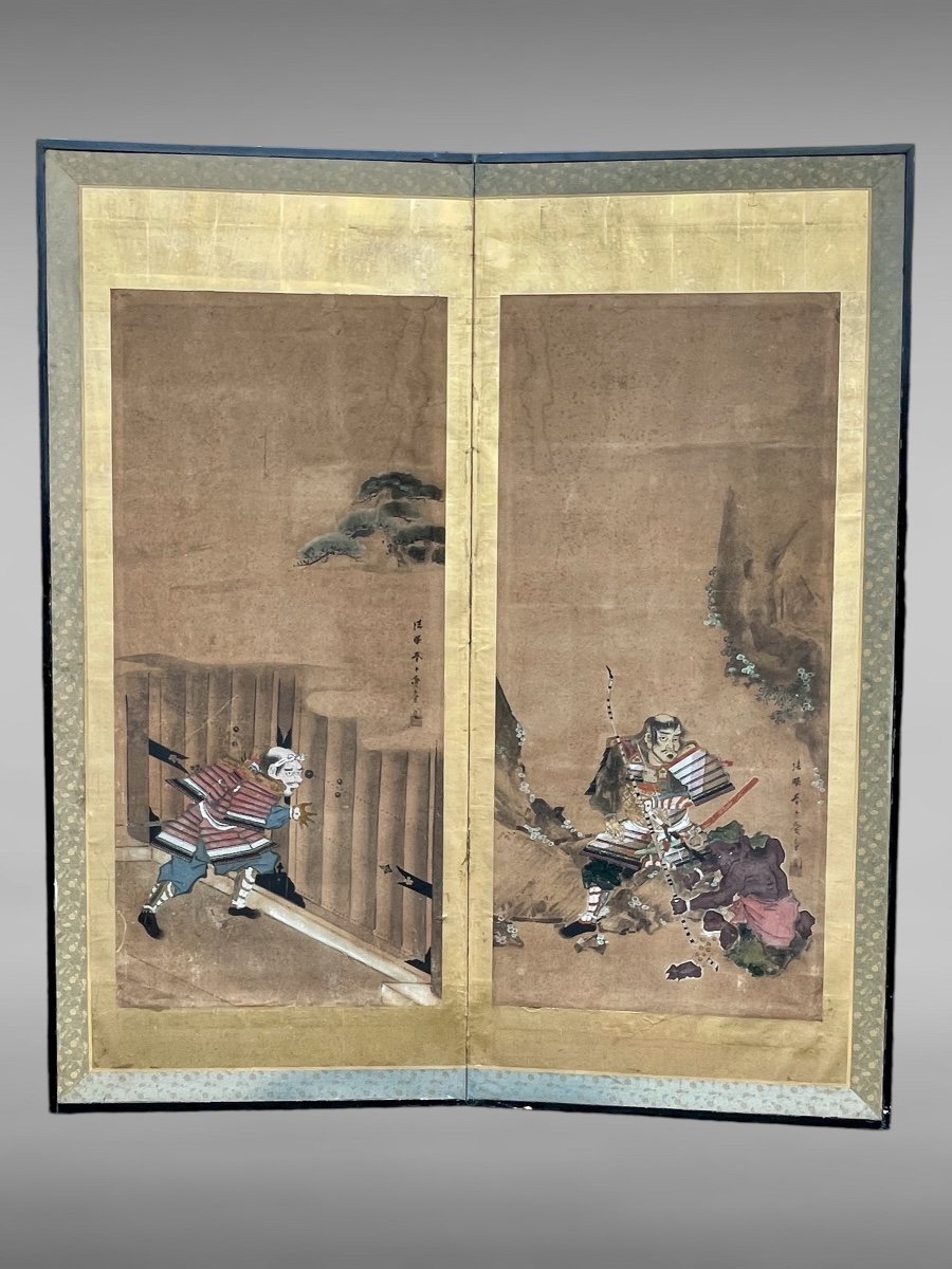 Two-leaf Folding Screen Depicting Samurai - Edo Period (1603 - 1868).