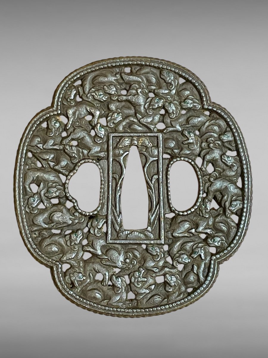 Openwork And Chased Iron Tsuba Modo Natta Decorated With Shishis With Its Certificate. -photo-2