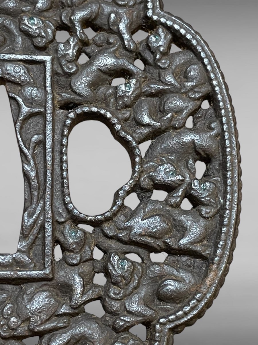 Openwork And Chased Iron Tsuba Modo Natta Decorated With Shishis With Its Certificate. -photo-4