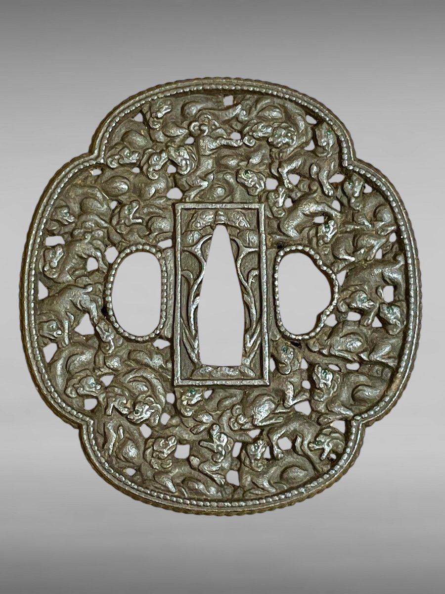 Openwork And Chased Iron Tsuba Modo Natta Decorated With Shishis With Its Certificate. 