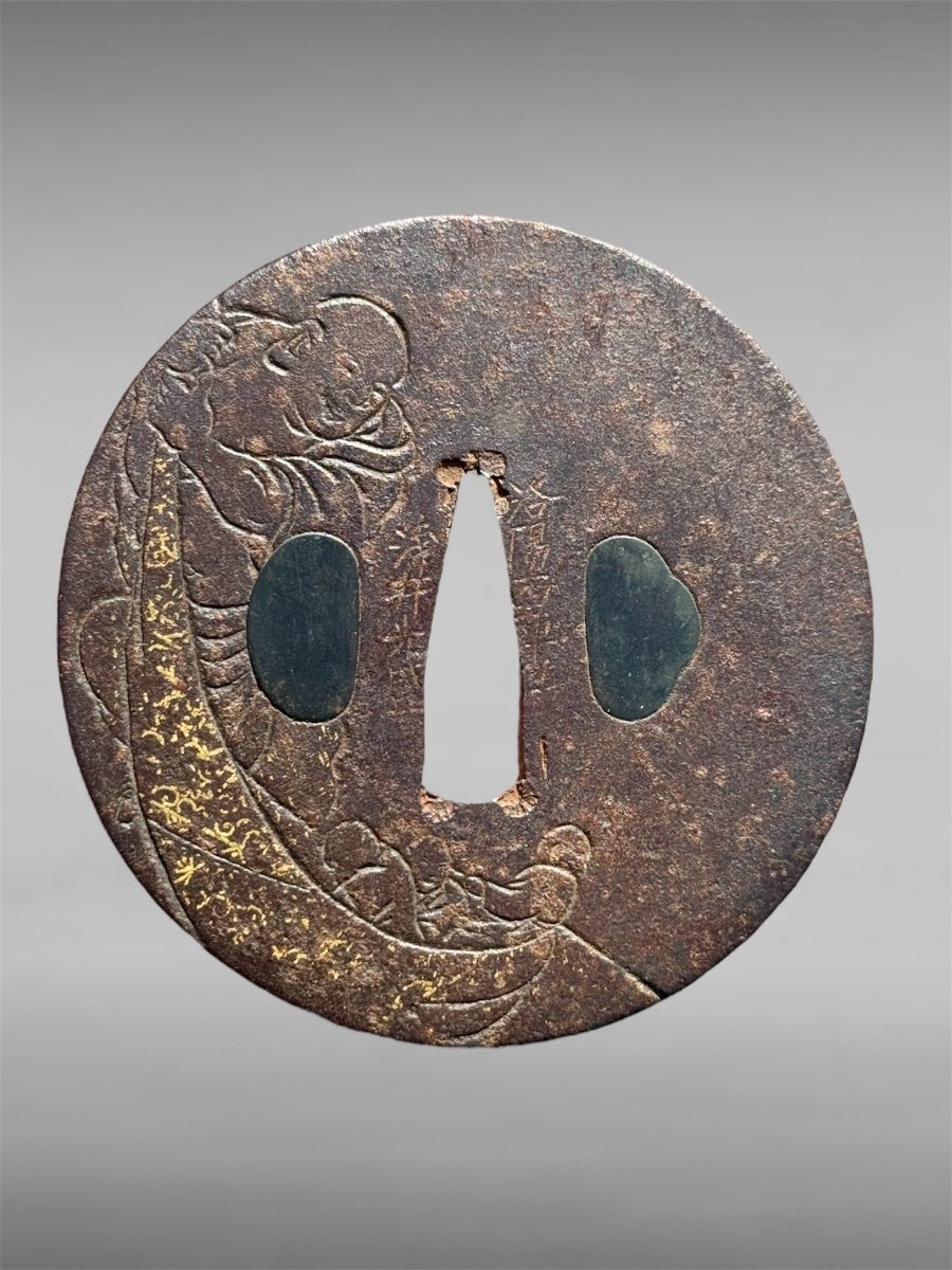 Tsuba Maru Gata En Fer Forgé, Signée, Avec Certificat Nbthk - Période Edo (1603-1868).-photo-3