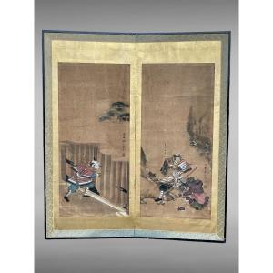 Paravent à Deux Feuilles Figurant Des Samuraïs - Période Edo (1603 - 1868).