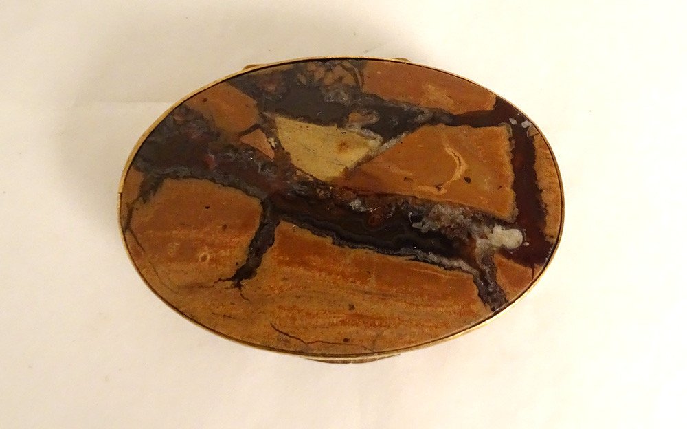 Petite Boîte Ovale Agate Pomponne Métal Doré XIXème Siècle-photo-4