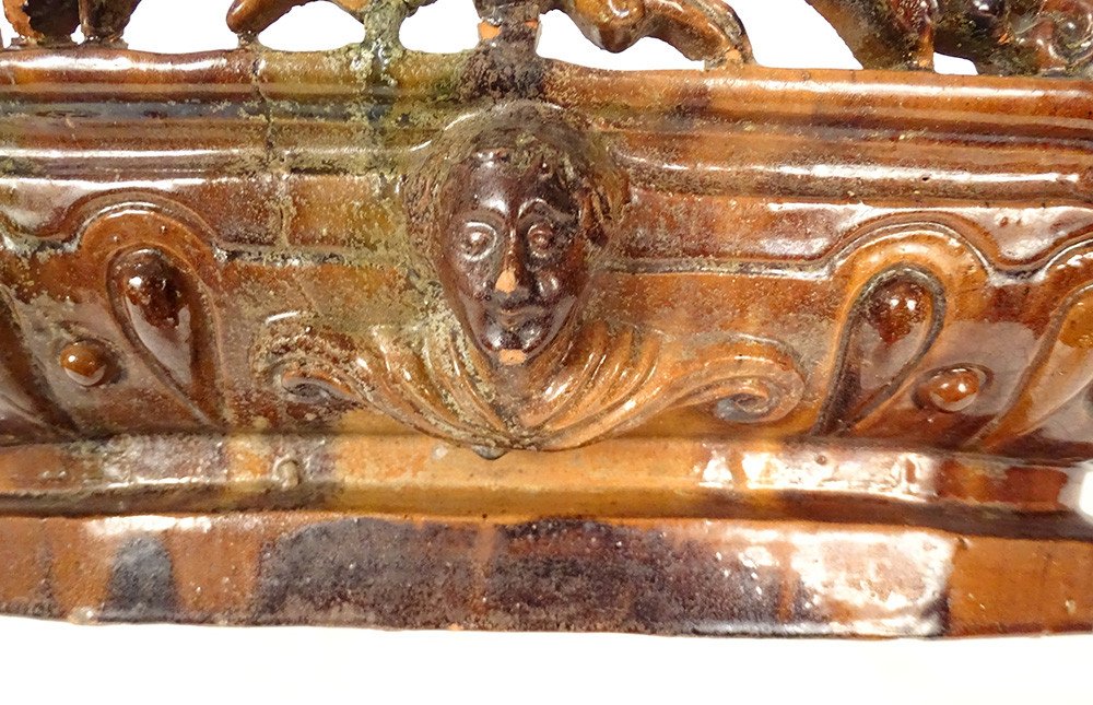 Fruit Bowl Planter Glazed Earth Mascarons Characters XIXth Century-photo-2