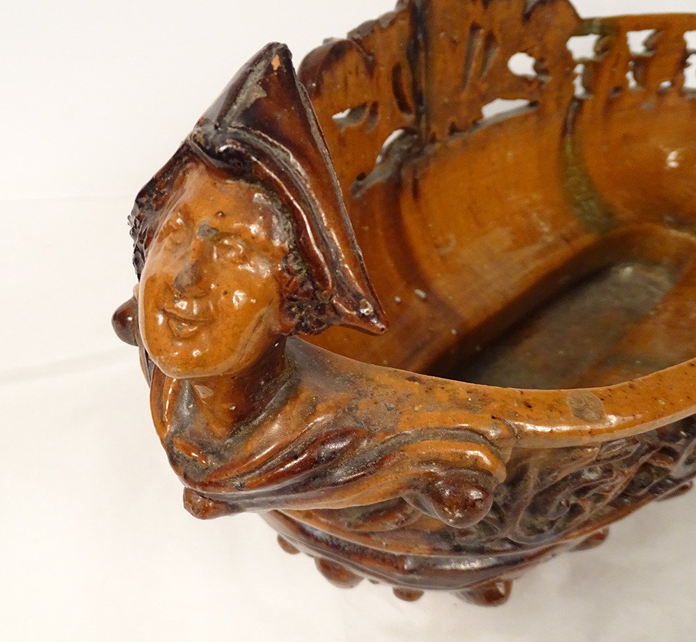 Fruit Bowl Planter Glazed Earth Mascarons Characters XIXth Century-photo-1