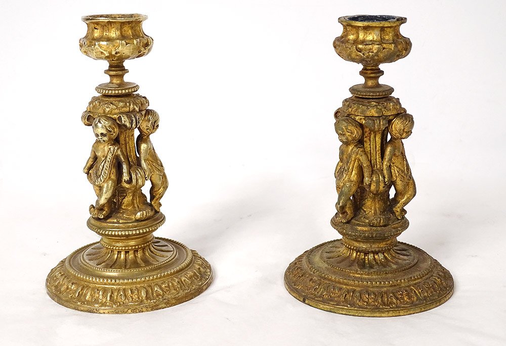Paire Petits Bougeoirs Bronze Doré Chérubins Amours Napoléon III XIXème