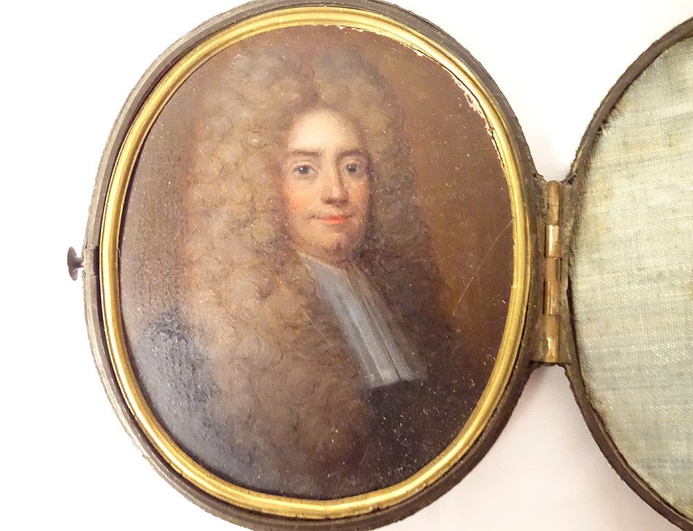 Miniature Peinte Portrait Homme de Loi Magistrat étui Cuir XVIIIème Siècle-photo-3