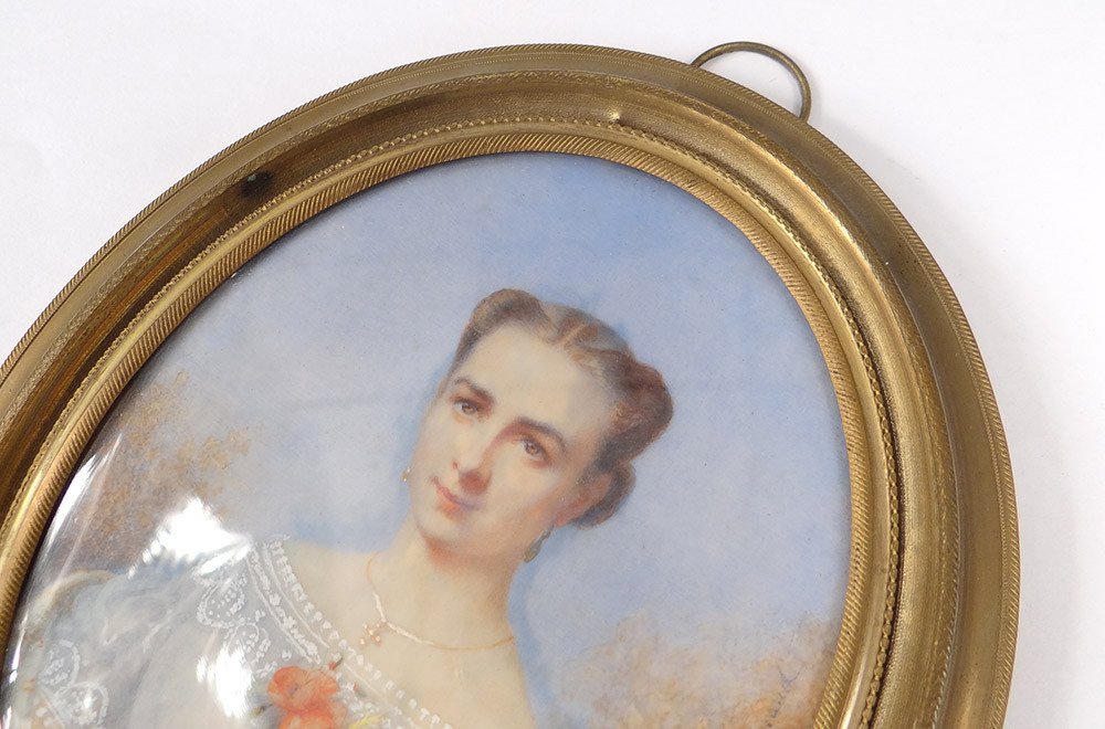 Oval Miniature Signed Vve Lallemand Portrait Young Woman Flowers 19th-photo-2