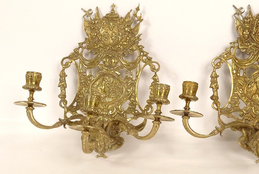 Pair Wall Lamps 3 Louis XIV Bronze Lights Arms France Flowers Lys Putti Nineteenth-photo-3