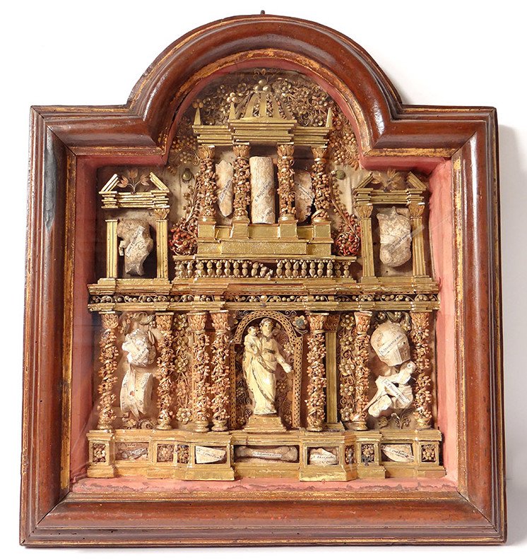 Paperolle Reliquary Table Baroque Altarpiece Virgin Saints Martyrs XVII