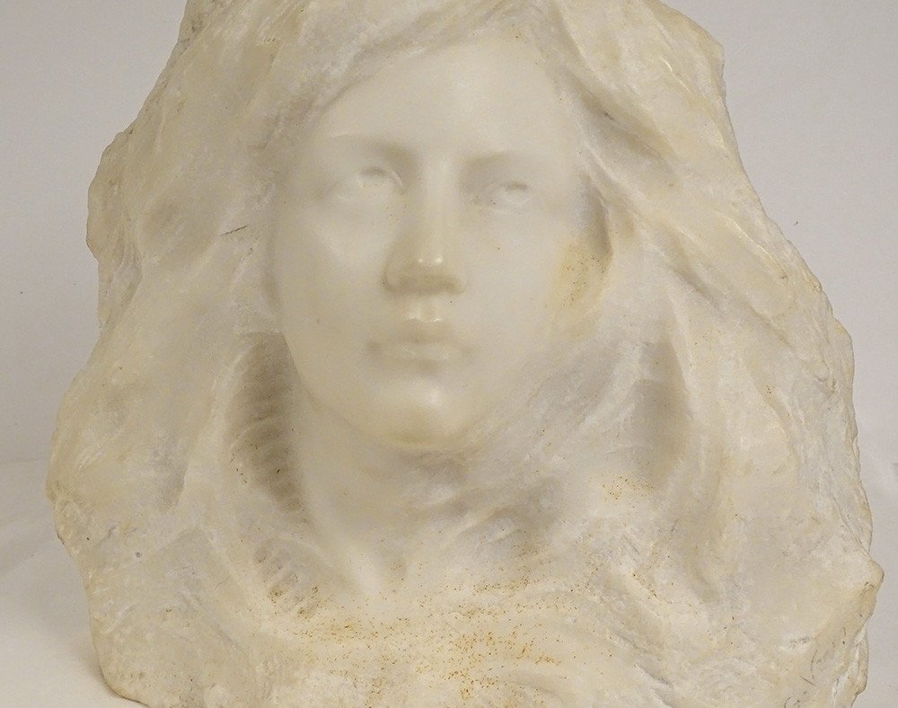 Sculpture Head Young Woman Carrara Marble G. Verona Art Nouveau XIXth Century-photo-2
