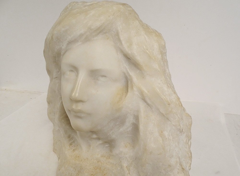 Sculpture Head Young Woman Carrara Marble G. Verona Art Nouveau XIXth Century-photo-1