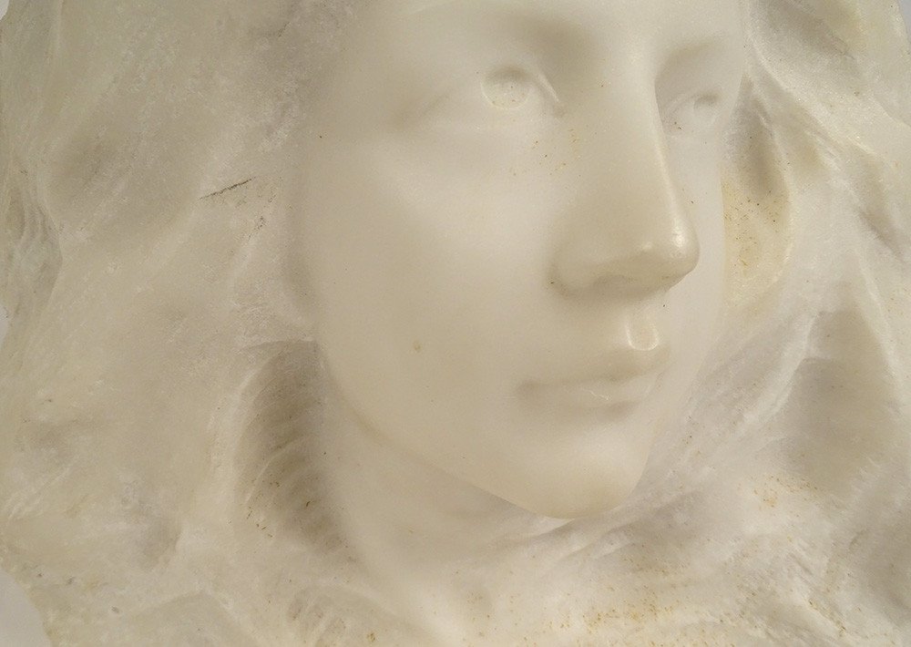 Sculpture Head Young Woman Carrara Marble G. Verona Art Nouveau XIXth Century-photo-3