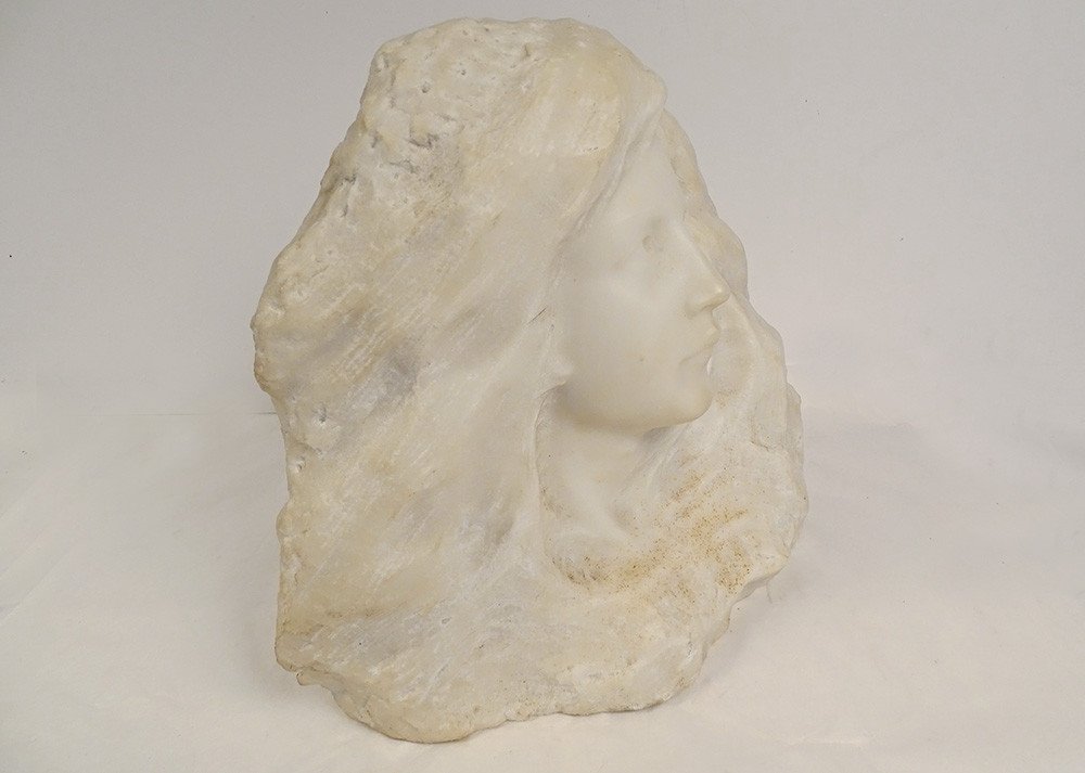 Sculpture Head Young Woman Carrara Marble G. Verona Art Nouveau XIXth Century-photo-5