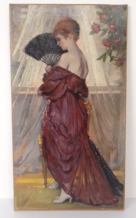 Hst Painting Portrait Elegant Woman With A Fan Henri Moreau 1917