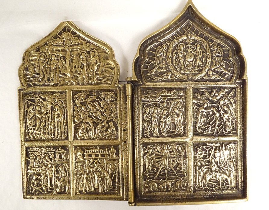 Diptych Russian Orthodox Bronze Travel Icon Life Christ Episodes XVII