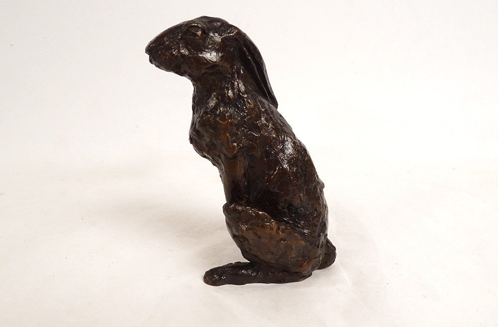 Small Bronze Sculpture Jean Lemonnier Hare Animal Rabbit Founder Twentieth-photo-2