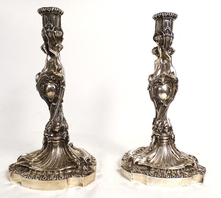 Pair Of Louis XV Candlesticks Rocaille Bronze Candlesticks From After. Nineteenth Century Steward