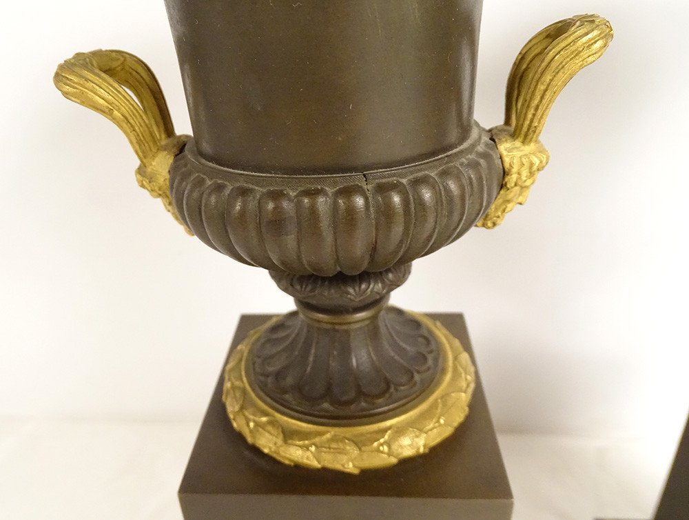 Pair Cassolettes Empire Vases Medici Bronze Torch Serpent Laurel Nineteenth-photo-3