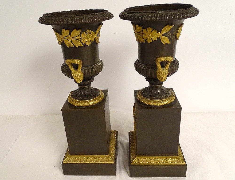 Pair Cassolettes Empire Vases Medici Bronze Torch Serpent Laurel Nineteenth-photo-3