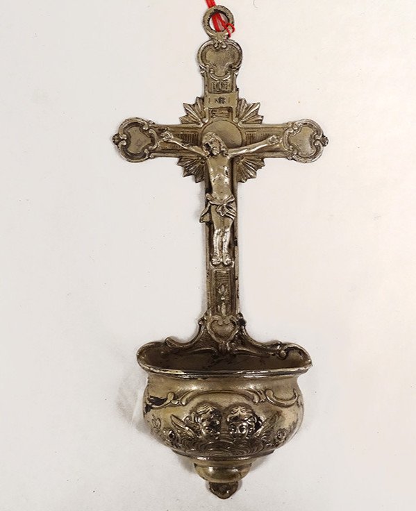 Bénitier d'Applique Argent Massif Minerve Christ Crucifix Angelots XIXème