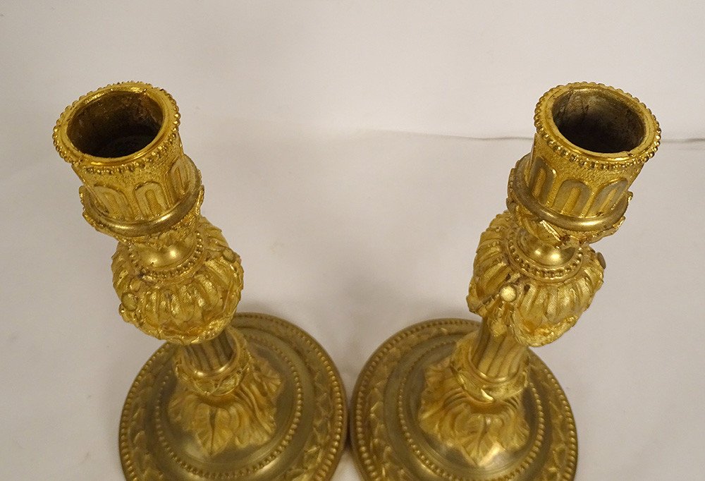 Pair Candlesticks Candlesticks Louis XVI Gilt Bronze Garlands Pearls XVIIIth-photo-8